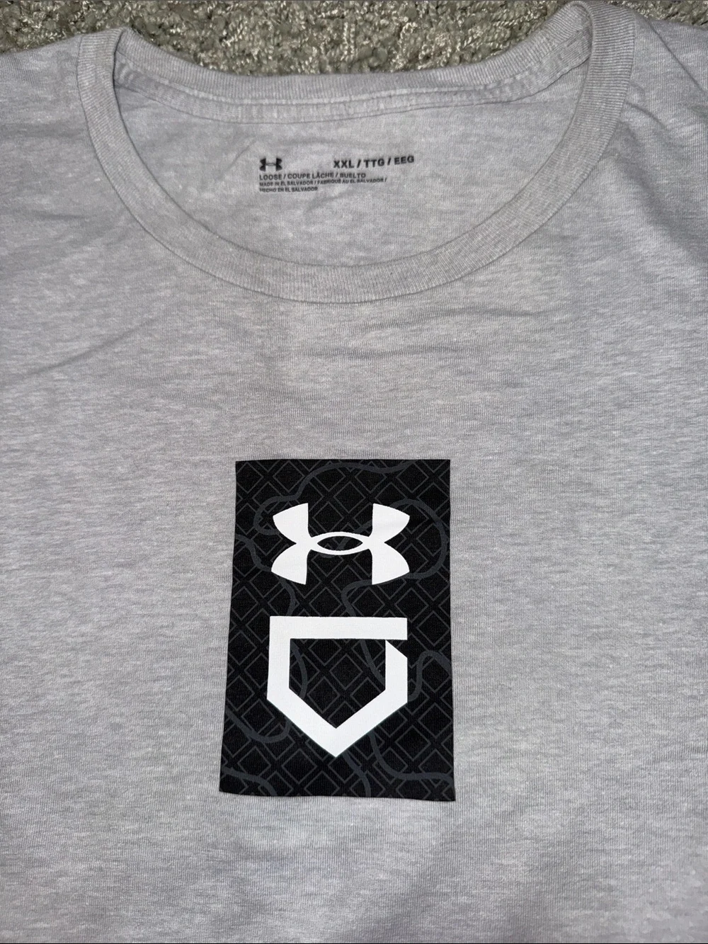 Under Armour Light Gray Short Sleeve Tee with Black Baseball Logo (XXL)